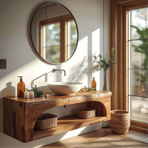 Handcrafted Solid Wood Floating Vanity with Live Edge Design and Minimalist Natural Finish