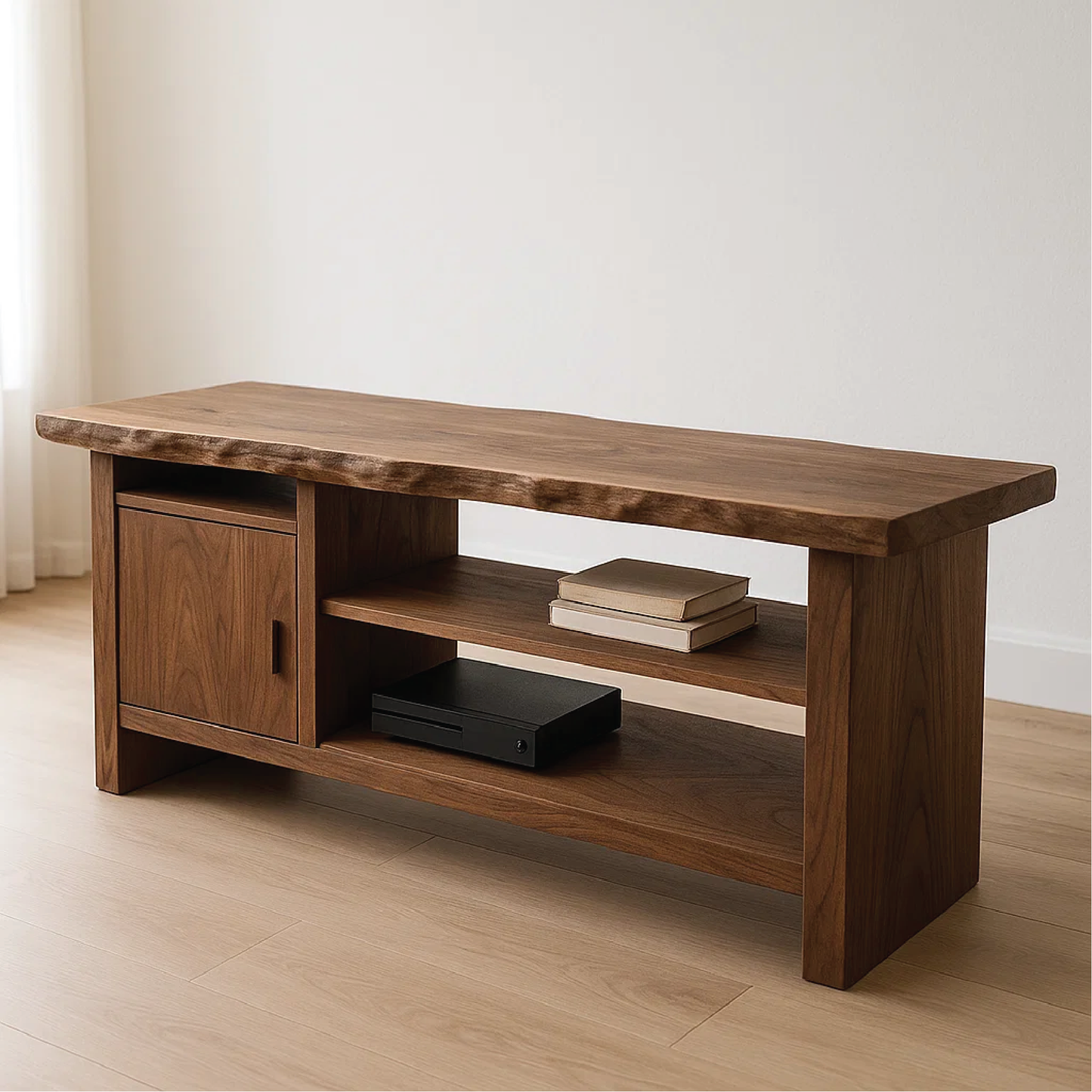 Handcrafted Solid Walnut Console Table with Live Edge Top and Open Storage for Modern Living