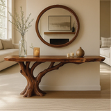 Handcrafted Solid Wood Console Table with Tree Trunk Base and Natural Live Edge Design