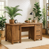 Handcrafted Solid Wood Office Desk – Rustic Work Table with Drawers and Natural Walnut Finish