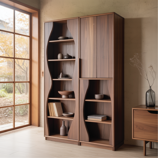 Handcrafted Solid Wood Dining Cabinet with Sculpted Curved Panels and Open Display Shelves