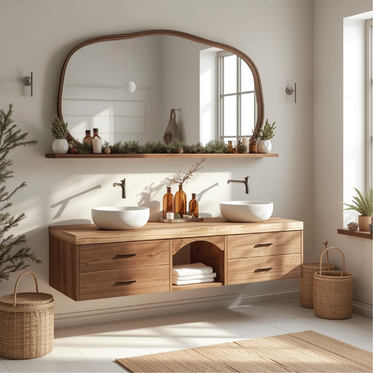 Handcrafted Solid Wood Floating Double Sink Vanity with Drawers and Natural Finish for Bathroom