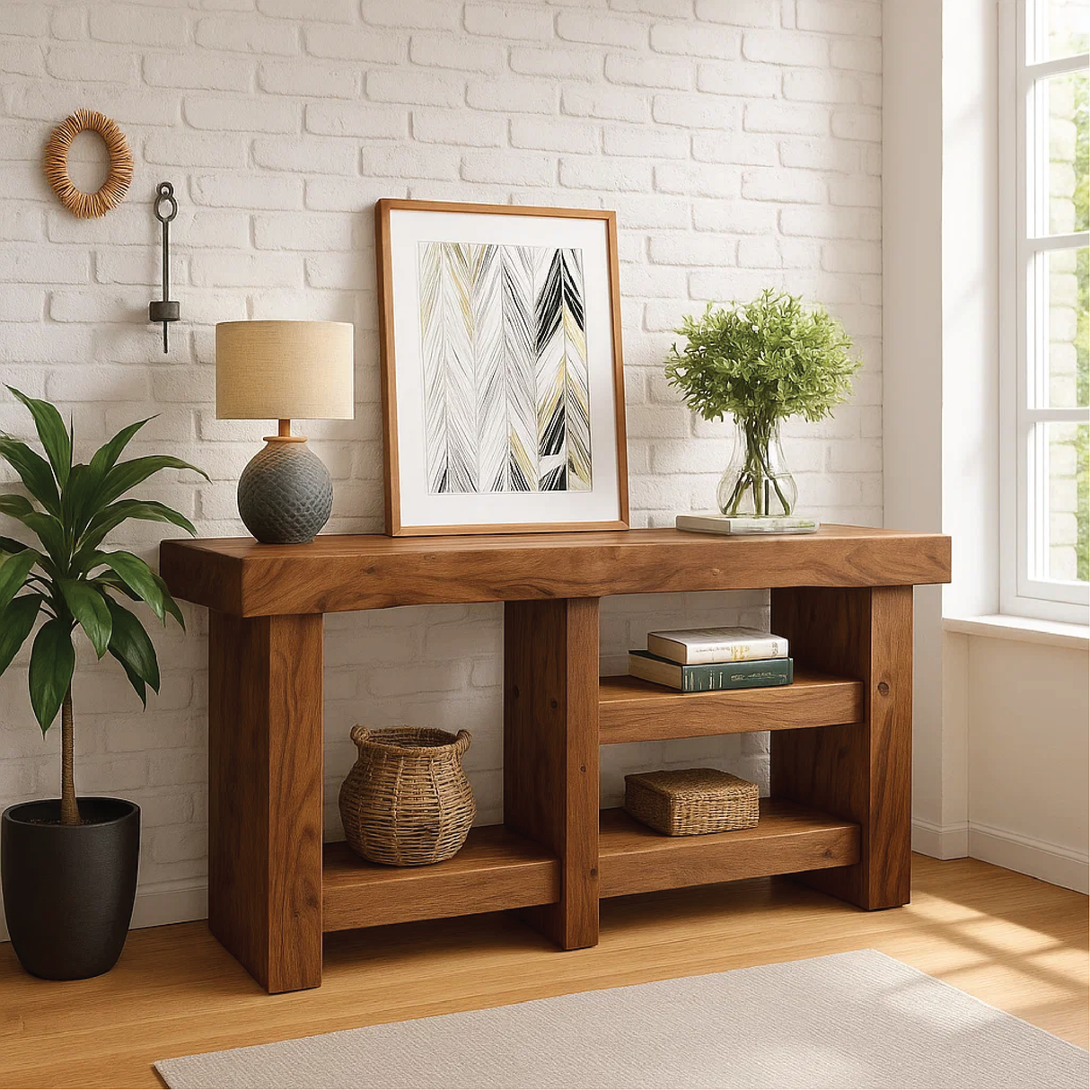 Handcrafted Solid Wood Console Table with Modern Rustic Design for Entryway or Living Room