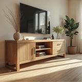 Handcrafted Solid Wood TV Stand with Drawers and Shelves in Natural Oak Finish for Living Room