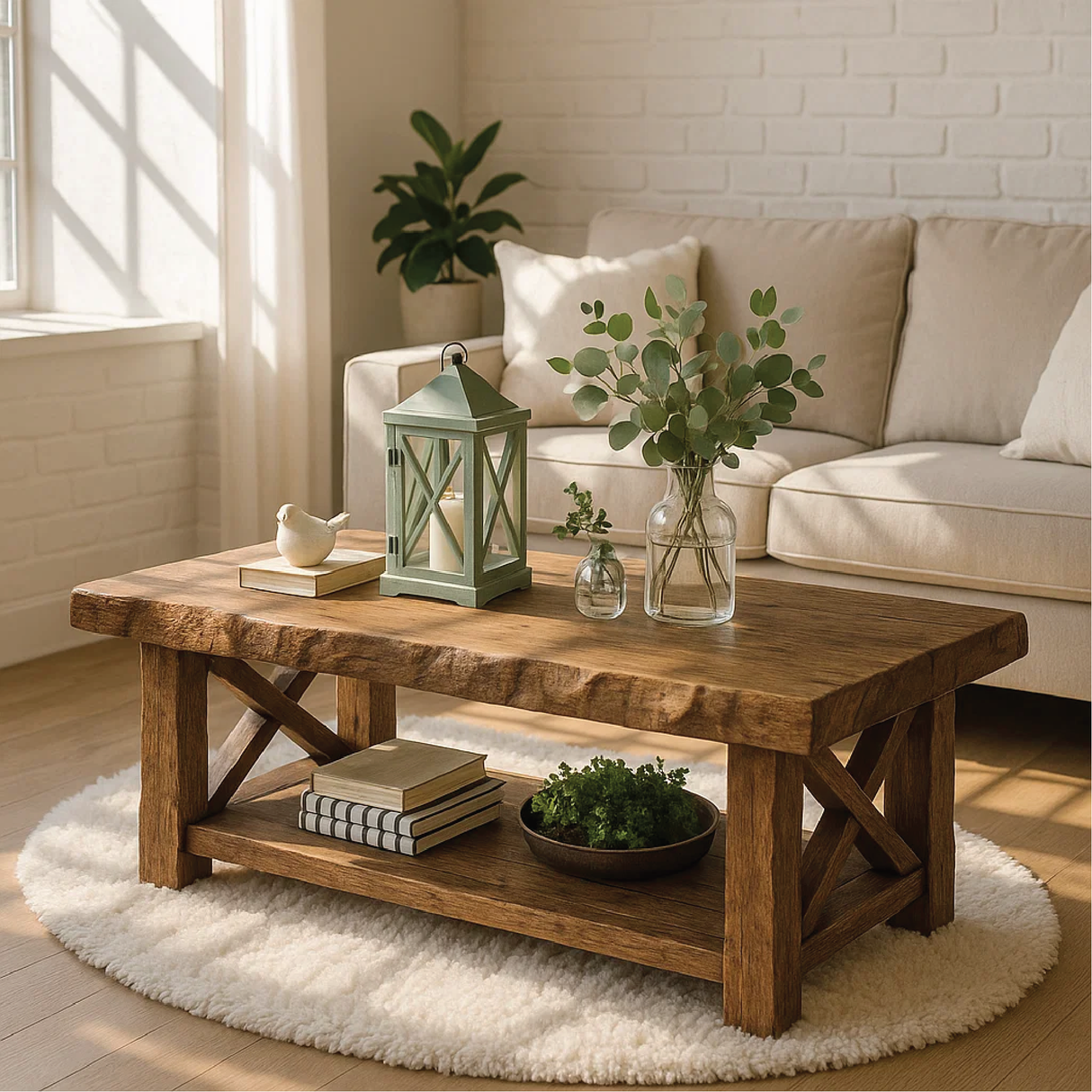 Handcrafted Solid Wood Coffee Table with Rustic X-Frame Base and Natural Live Edge Design