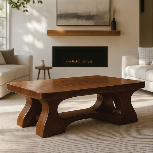 Handcrafted Solid Wood Coffee Table with Sculptural Curved Base and Smooth Polished Finish