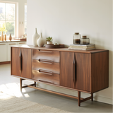 Handcrafted Solid Wood Dining Storage Sideboard with Sculpted Handles and Mid-Century Design