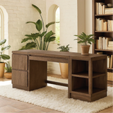 Handcrafted Solid Wood Work Desk – Modern Office Table with Storage Drawers and Open Shelves