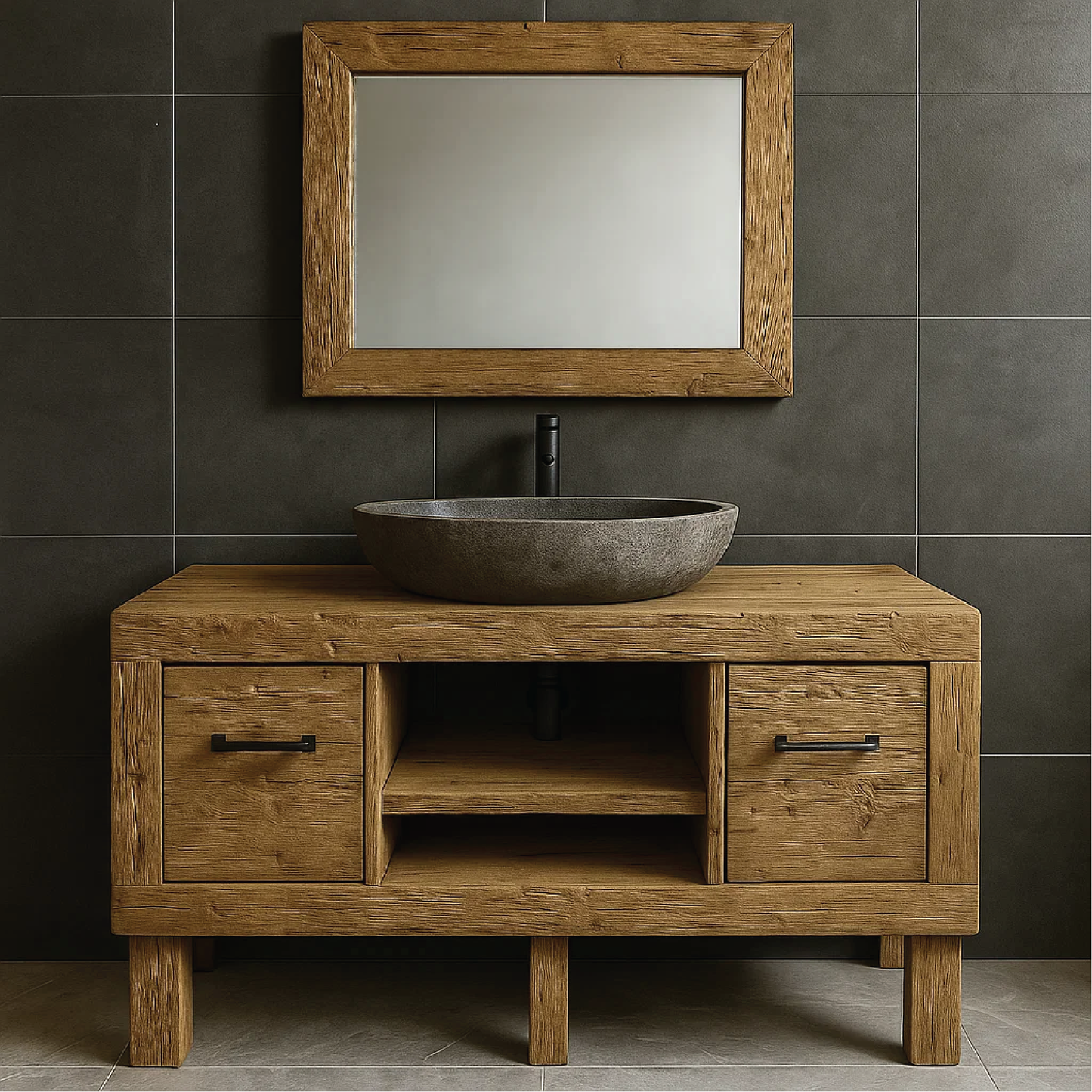 Modern Rustic Handcrafted Solid Wood Bathroom Vanity with Storage Drawers and Open Shelves