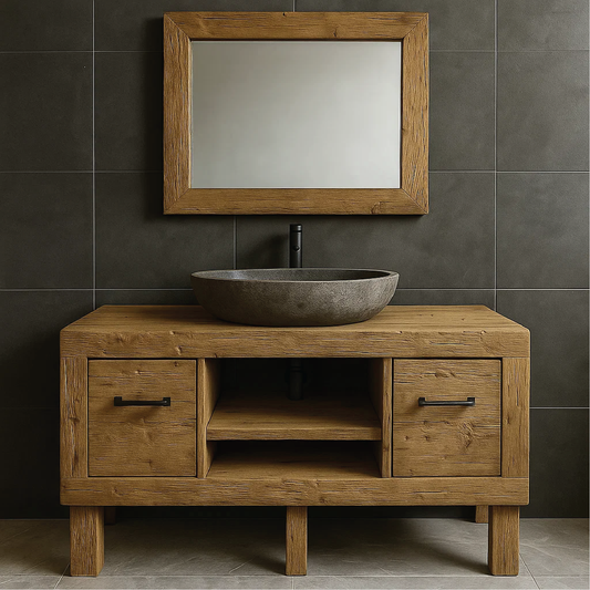 Modern Rustic Handcrafted Solid Wood Bathroom Vanity with Storage Drawers and Open Shelves