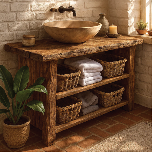 Rustic Handcrafted Solid Wood Bathroom Vanity with Open Shelves and Natural Live Edge Design
