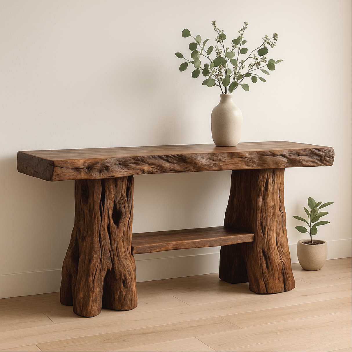 Handcrafted Solid Wood Console Table with Tree Trunk Legs for Rustic Natural Home Interiors