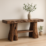 Handcrafted Solid Wood Console Table with Tree Trunk Legs for Rustic Natural Home Interiors