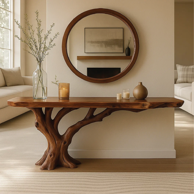 Handcrafted Solid Wood Console Table with Tree Trunk Base and Natural Live Edge Design