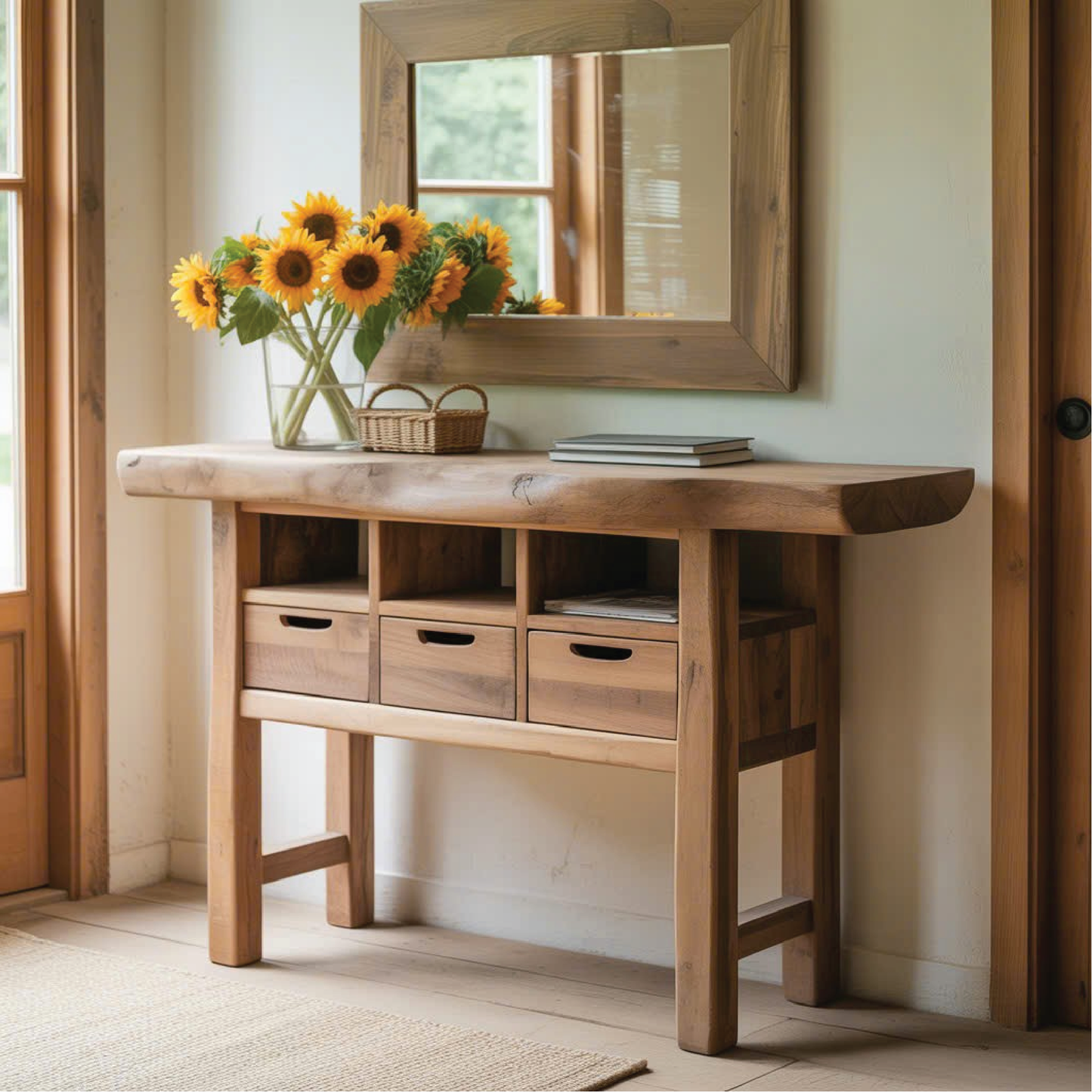 Handcrafted Solid Wood Console Table with Live Edge and Storage Drawers for Rustic Interiors