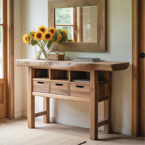 Handcrafted Solid Wood Console Table with Live Edge and Storage Drawers for Rustic Interiors