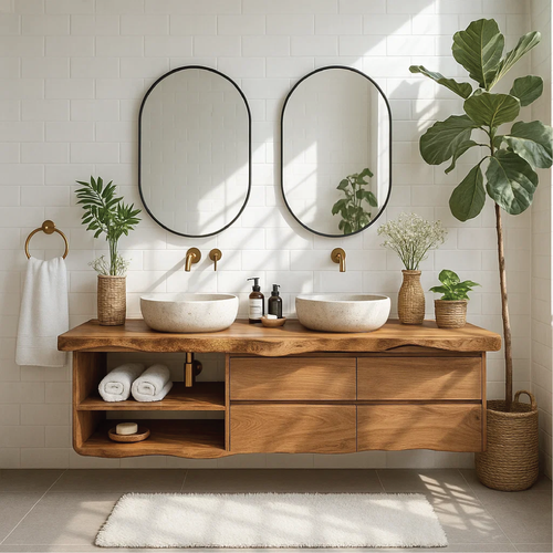 Handcrafted Solid Wood Double Floating Vanity with Live Edge Design and Ample Drawer Storage