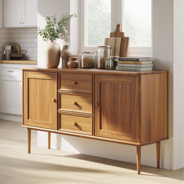 Handcrafted Solid Wood Dining Storage Sideboard with Raised Leg Design and Smooth Drawer Fronts