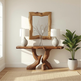 Handcrafted Solid Wood Console Table with Artistic Curved Base and Natural Live Edge Design