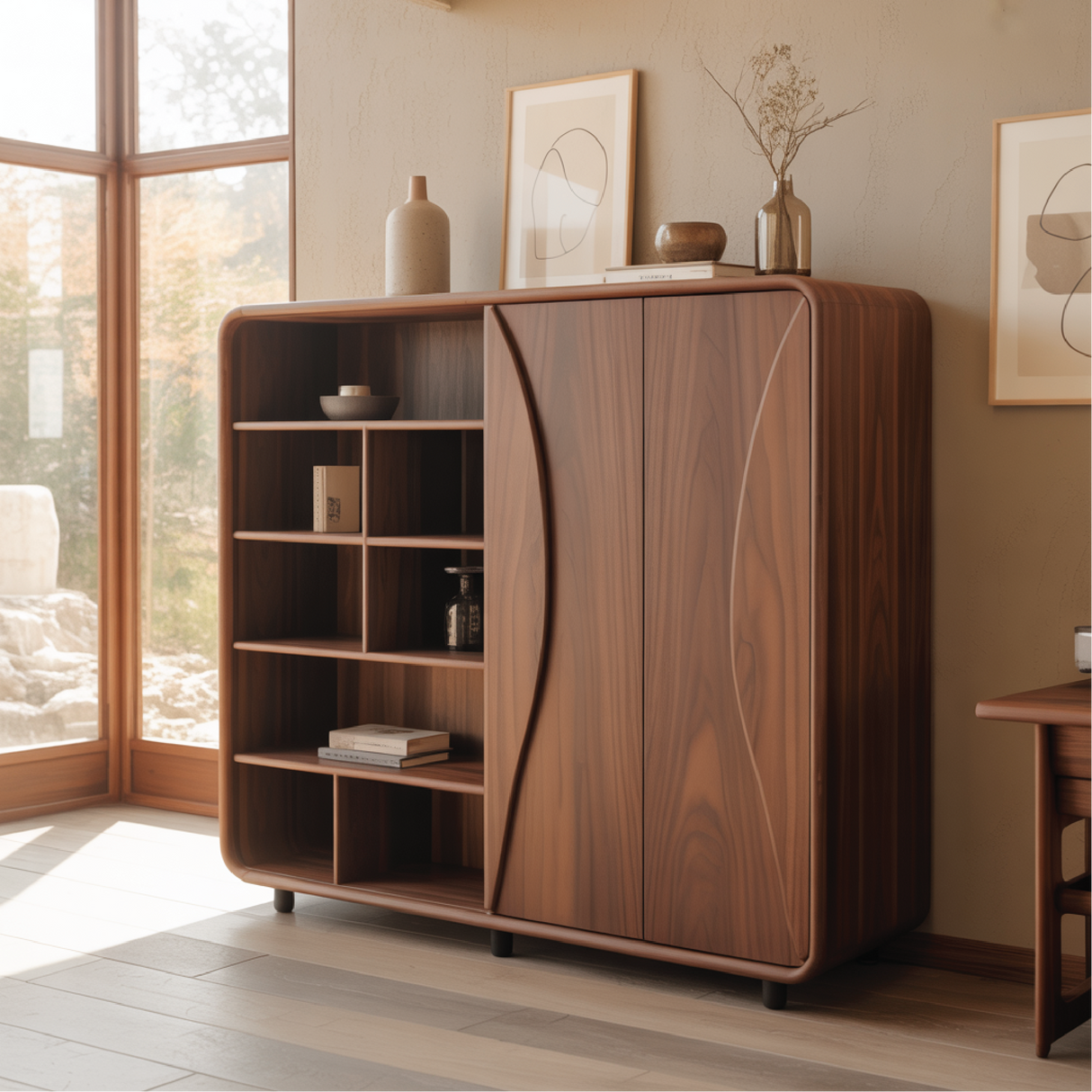 Handcrafted Solid Wood Dining Cabinet with Open Shelves and Curved Door Design for Modern Homes