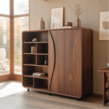 Handcrafted Solid Wood Dining Cabinet with Open Shelves and Curved Door Design for Modern Homes