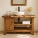 Handcrafted Solid Wood Bathroom Vanity with Cabinet and Open Shelves for Natural Minimal Interiors