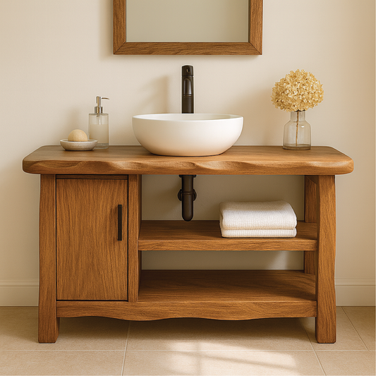 Handcrafted Solid Wood Bathroom Vanity with Cabinet and Open Shelves for Natural Minimal Interiors
