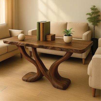 Handcrafted Solid Wood Console Table with Sculptural Y-Shaped Base for Modern Organic Interiors