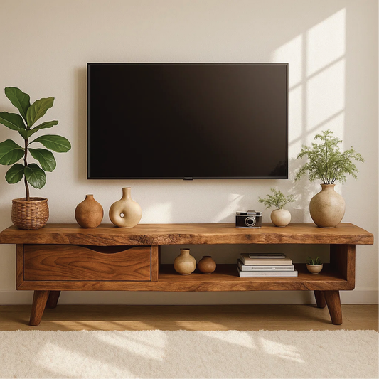 Handcrafted Solid Wood Live Edge TV Stand – Mid-Century Modern Media Console Furniture