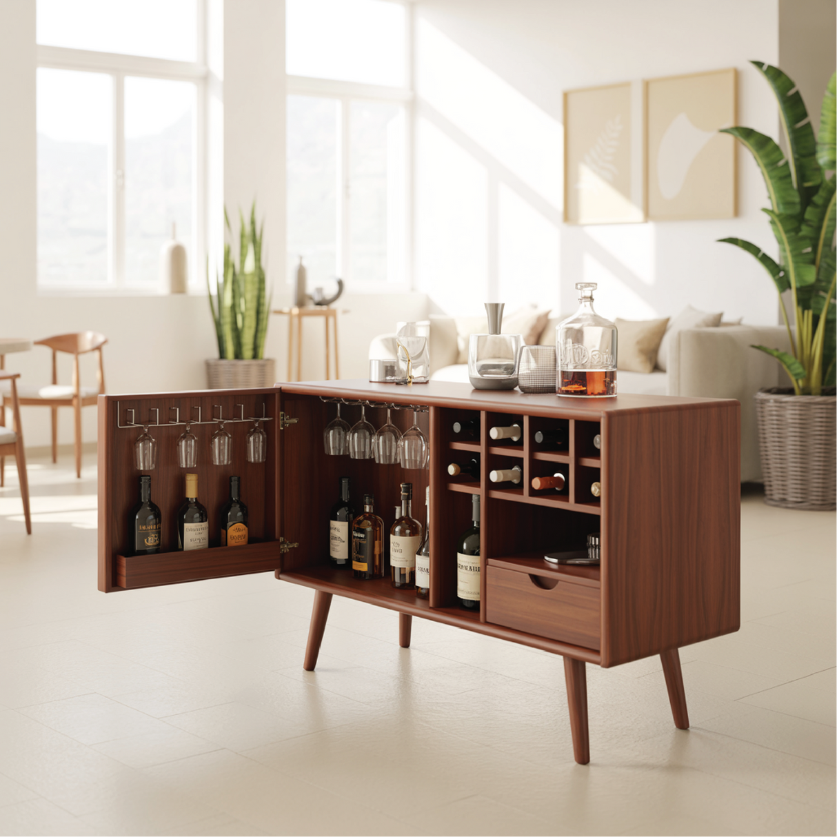 Solid Wood Wine Storage Cabinet with Glass Holders, Bottle Racks and Modern Mid-Century Design