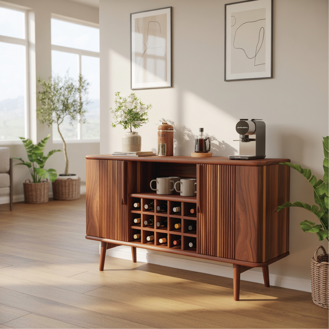 Solid Wood Wine Storage Cabinet with Slatted Doors and Multi-Bottle Rack for Modern Homes