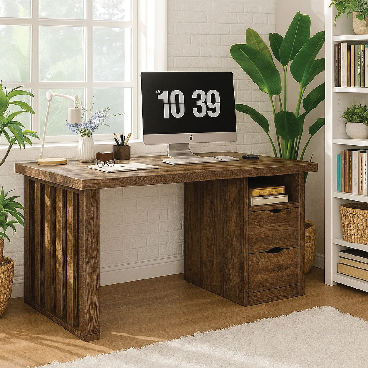 Handcrafted Solid Wood Work Desk – Modern Office Table with Storage Drawers and Natural Finish