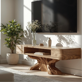 Handcrafted Solid Wood TV Stand with Artistic Sculpted Base and Natural Oak Grain Finish