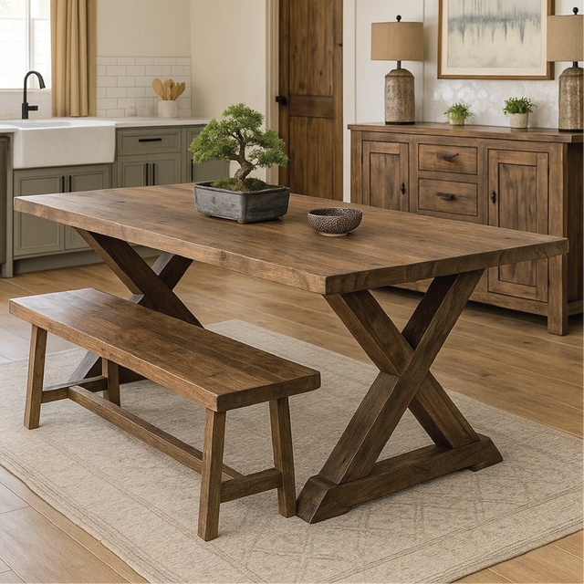 Handcrafted Solid Wood Farmhouse Dining Table – Rustic X-Leg Kitchen Table with Bench Set