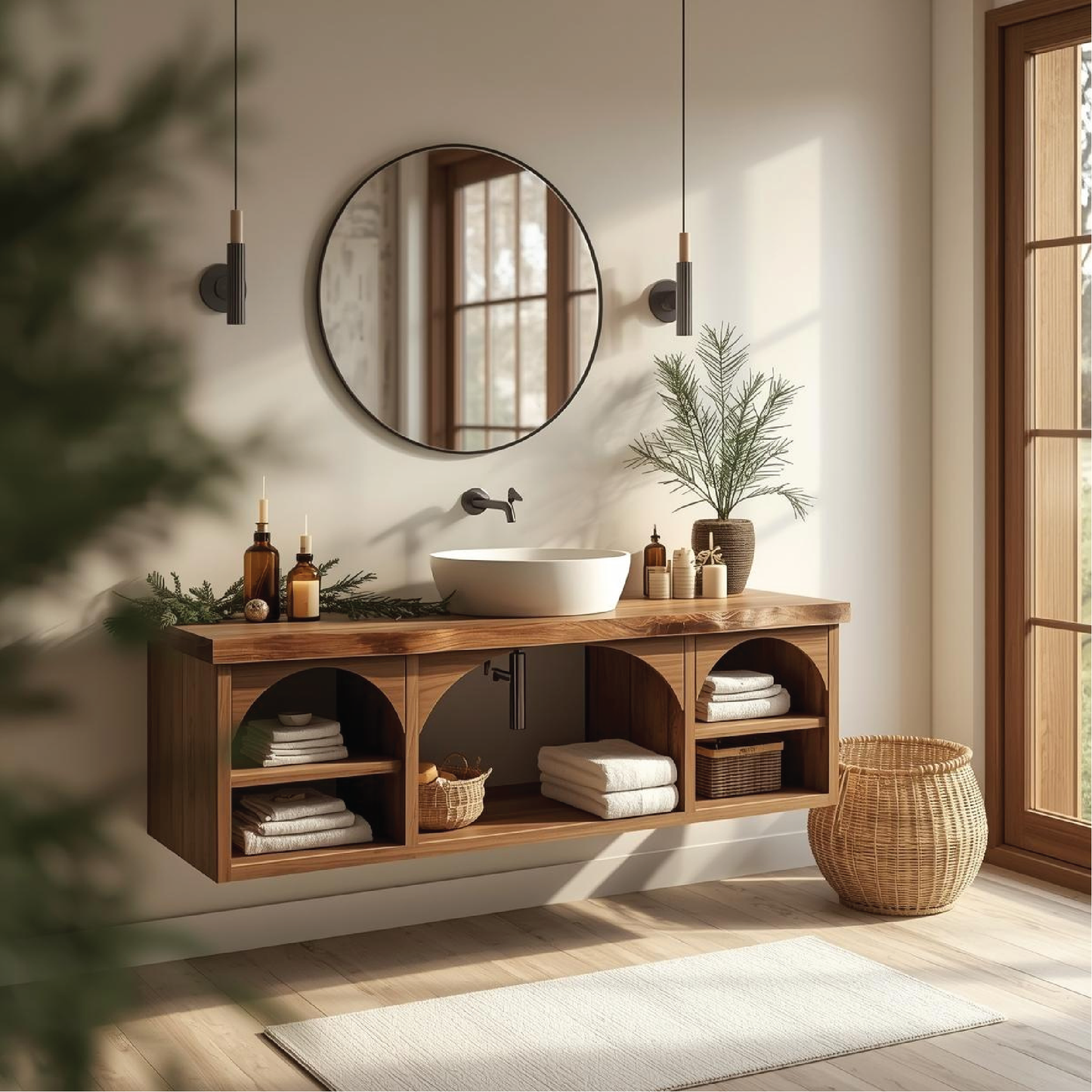 Handcrafted Solid Wood Floating Vanity with Arched Shelves and Natural Live Edge Design
