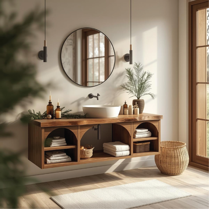 Handcrafted Solid Wood Floating Vanity with Arched Shelves and Natural Live Edge Design