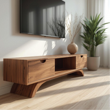 Handcrafted Solid Wood TV Stand with Curved Base and Natural Walnut Finish for Modern Living
