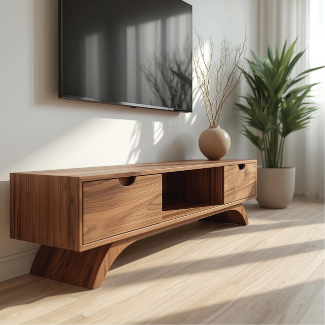 Handcrafted Solid Wood TV Stand with Curved Base and Natural Walnut Finish for Modern Living