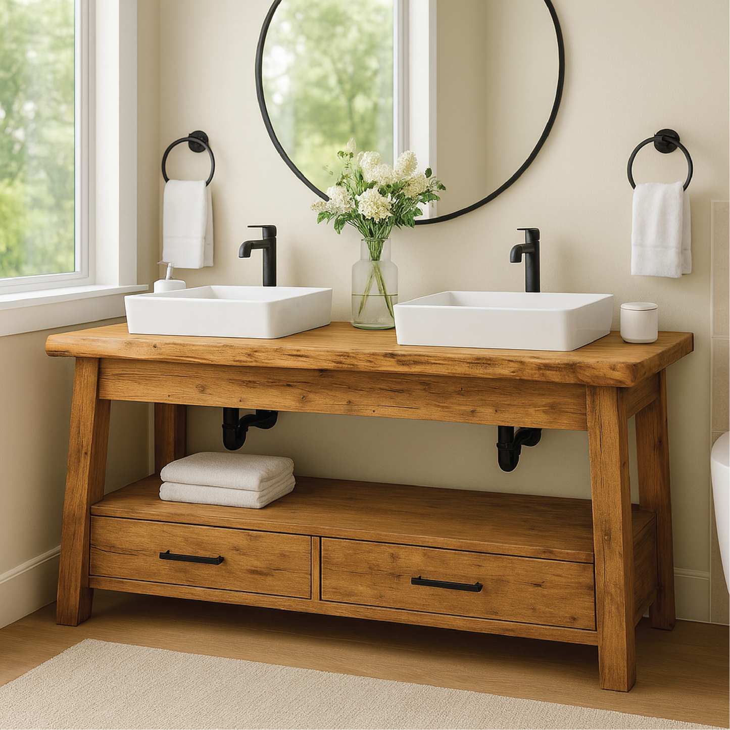 Handcrafted Double Solid Wood Bathroom Vanity with Drawers and Natural Finish for Modern Spaces