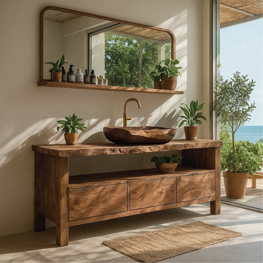 Handcrafted Solid Wood Bathroom Vanity with Natural Live Edge Design and Coastal Aesthetic