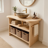 Handcrafted Solid Wood Bathroom Vanity with Curved Edge Design and Open Shelves for Modern Spaces
