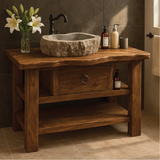 Handcrafted Solid Wood Bathroom Vanity with Drawer and Shelves for Rustic Natural Interior Design
