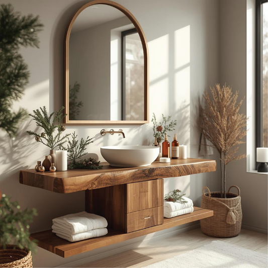 Handcrafted Solid Wood Floating Bathroom Vanity with Center Drawer and Natural Live Edge Top