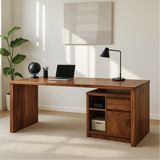 Handcrafted Solid Wood Work Desk – Modern Minimalist Office Table with Storage Shelves & Drawer
