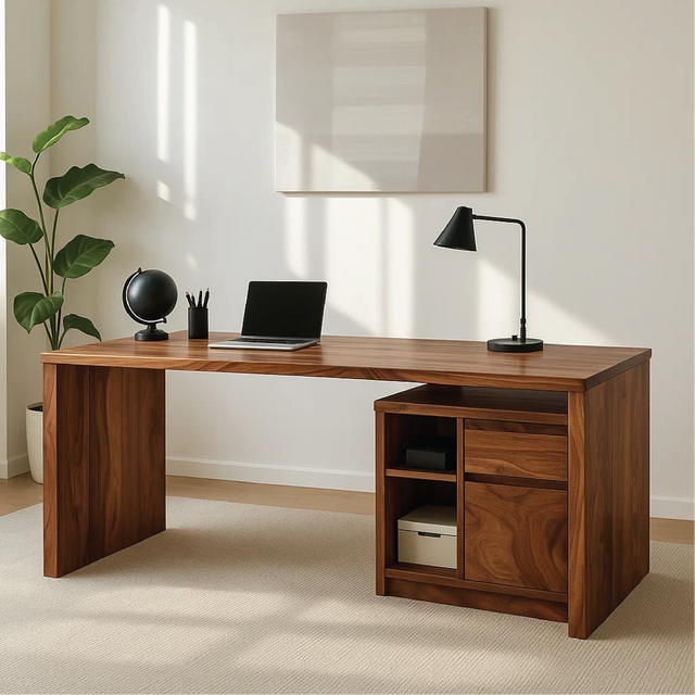 Handcrafted Solid Wood Work Desk – Modern Minimalist Office Table with Storage Shelves & Drawer