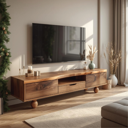 Handcrafted Solid Wood TV Stand with Natural Live Edge Design and Unique Round Wooden Legs