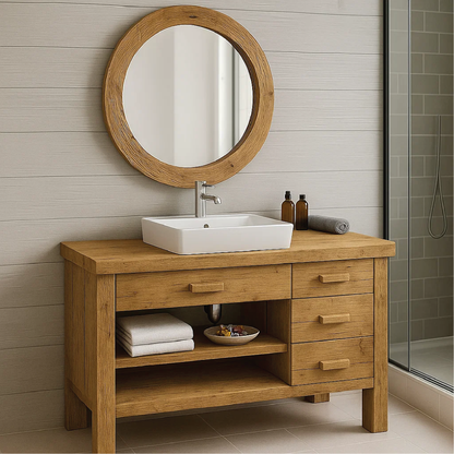 Handcrafted Solid Wood Bathroom Vanity with Drawers and Open Shelf in Natural Minimalist Style