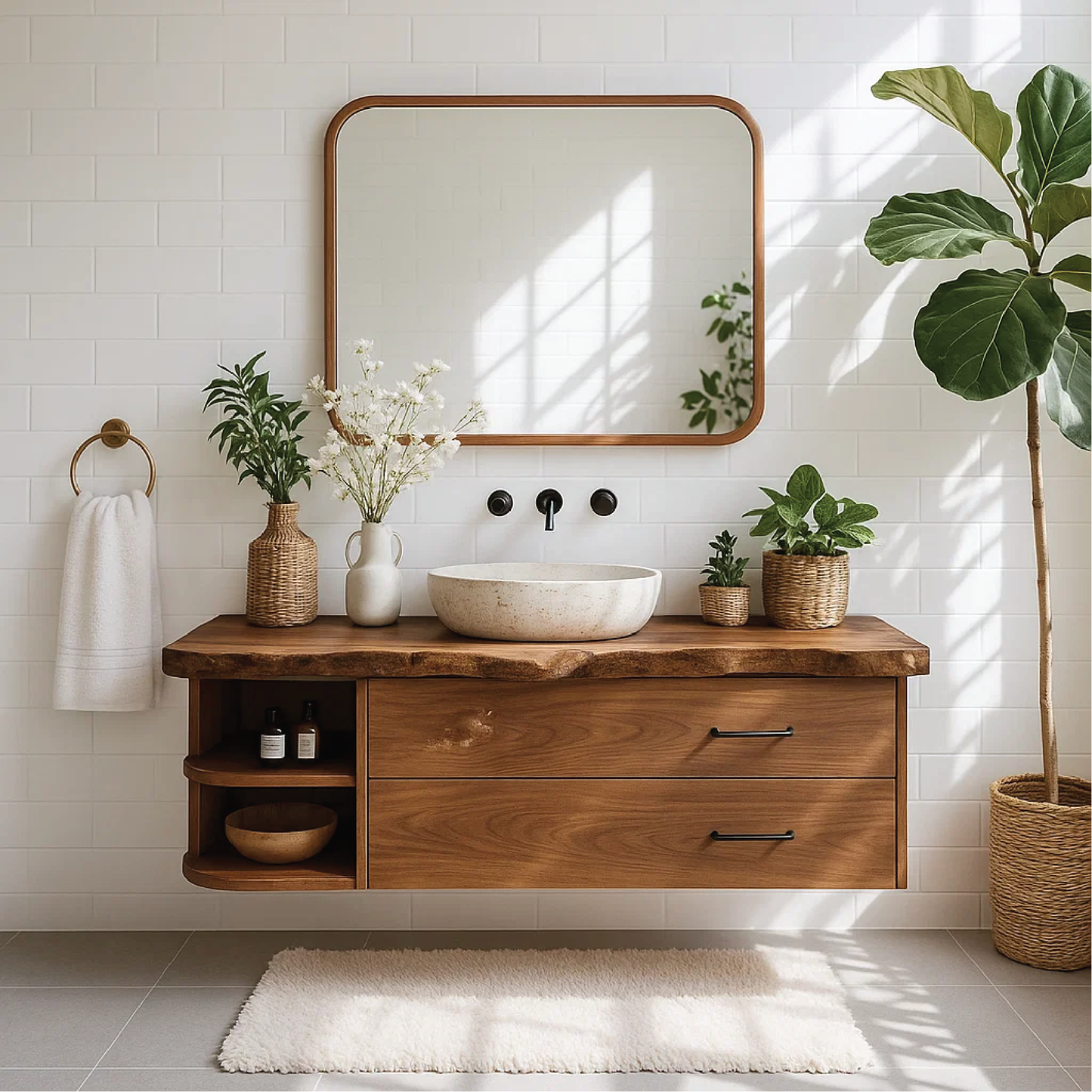 Handcrafted Solid Wood Floating Vanity with Live Edge Design and Dual Storage Drawers