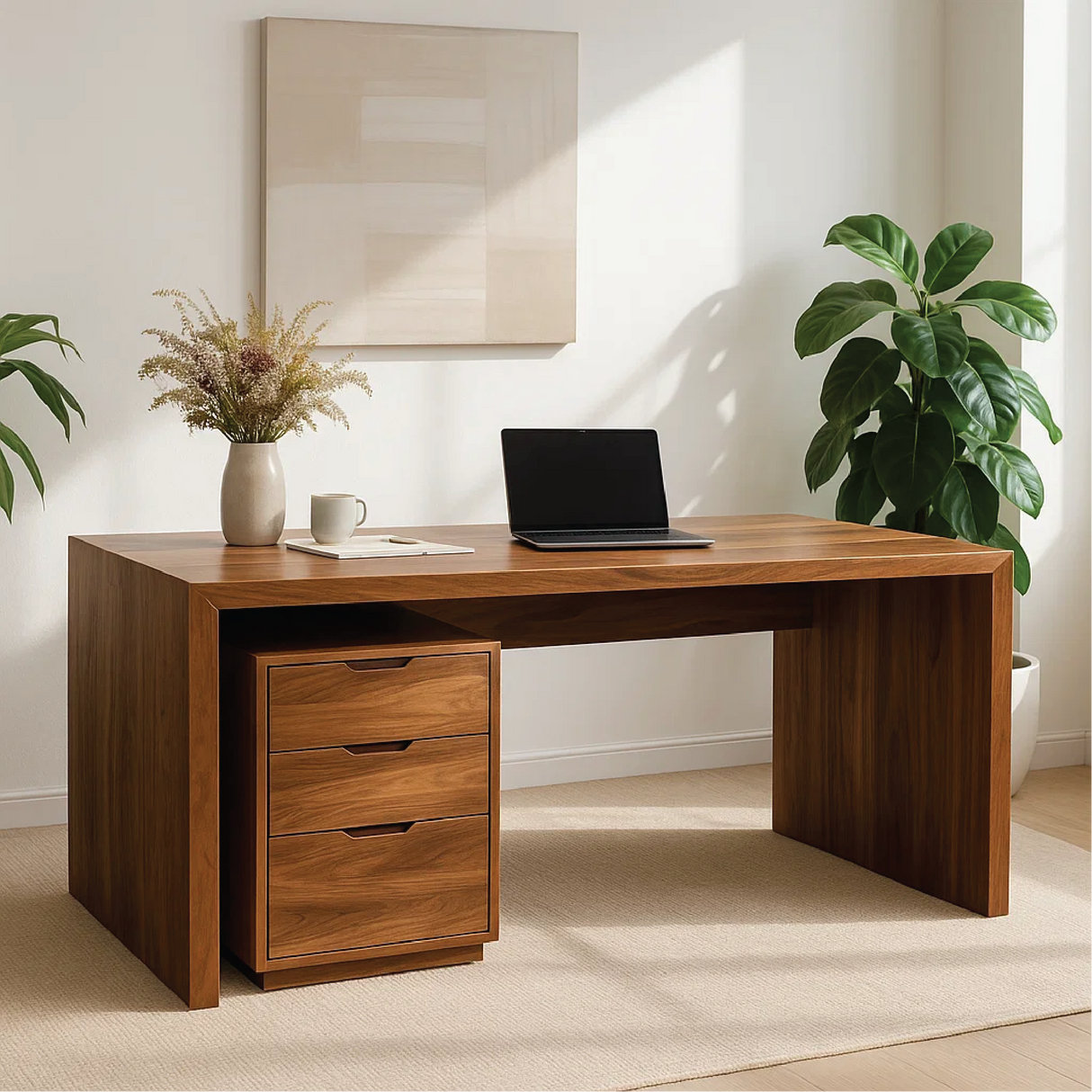 Handcrafted Solid Wood Work Desk – Minimalist Executive Office Table with 3-Drawer Storage