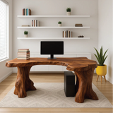 Handcrafted Solid Wood Executive Desk – Live Edge Office Table with Natural Tree Trunk Base Design